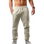 Pantalones beige de algodón de lino tallas grandes transpirables informales talla 3XL para hombre 