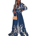 Vestidos estampados azules de poliester de otoño maxi con escote V bohemios de encaje talla XL para mujer 