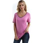 Camisetas rosas de sintético de running de otoño manga corta con escote V transpirables talla L para mujer 