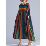 Vestidos multicolor de algodón de lino tallas grandes media manga vintage con rayas grandes para mujer 