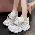 Chunky sneakers blancos de tejido de malla de verano livianos con tacón de 5 a 7cm informales para mujer 