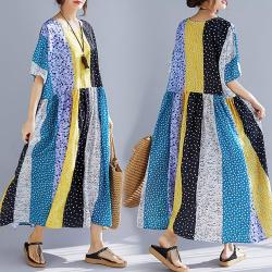 Women Plus Size Dress Stripe Dot Print Multi Color Long Maxi Dress Beach Holiday Loose Sundress