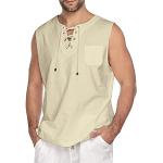 Camisas beige de algodón de lino  de otoño sin mangas con escote V étnicas talla XL para hombre 