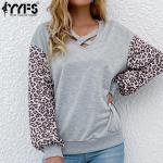 Blusas grises de poliester de manga larga de verano tallas grandes manga larga con escote V informales leopardo talla XL para mujer 