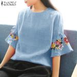 Tops bordados azules de algodón tallas grandes media manga vintage floreados talla XL para mujer 