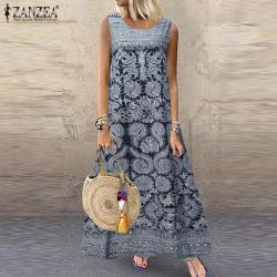 ZANZEA Vestido largo de algodón con estampado vintage, informal, holgado, sin mangas, de verano para mujer
