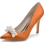 Zapatos naranja de perlas de tacón con tacón de aguja de punta puntiaguda informales talla 35 para mujer 