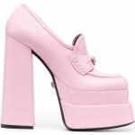 Zapatos rosas de cuero con plataforma rebajados con tacón cuadrado con logo VERSACE talla 40 para mujer 